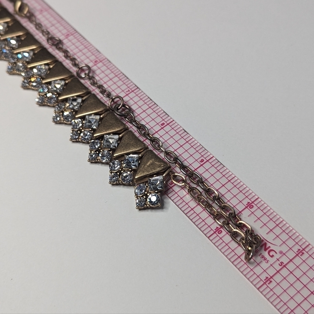 J. Crew Segmented Bib Chain Necklace Rhinestones Triangle Bead Antique Gold Tone - Picture 7 of 7